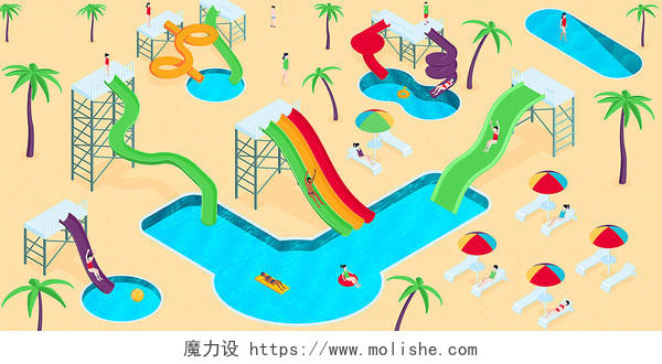 黄色卡通沙滩泳池滑梯椰树水上乐园展板背景